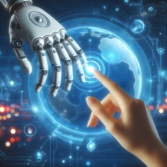 a person touching a robot's hand with a futuristic background behind it and a blue background with a white dot.