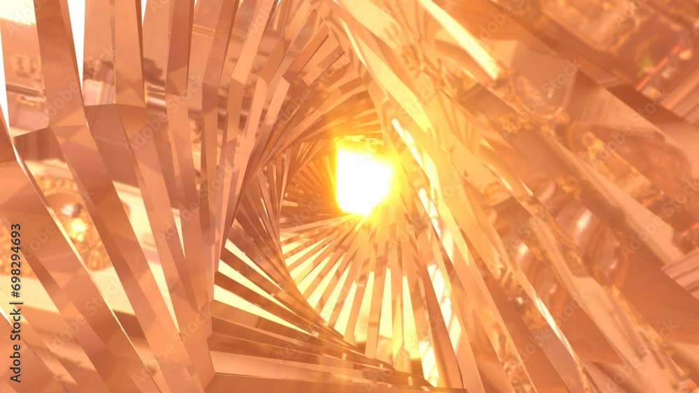 Poster abstract metallic shiny golden yellow polyhedral tunnel frame made of lines of hexagonal edges, mech