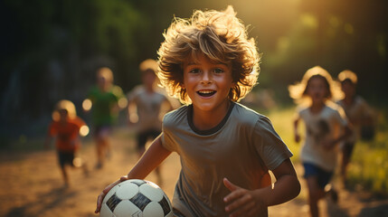 Little boy playing soccer with his friends outside - obrazy, fototapety, plakaty