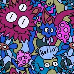 Cartoon doodle seamless monster and cat and frogs and snails pattern for fabrics and linens and kids clothes print