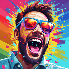 Wow pop art man. Young surprised man with open smile with wow. Illustration in modern comic style. Colorful pop art.