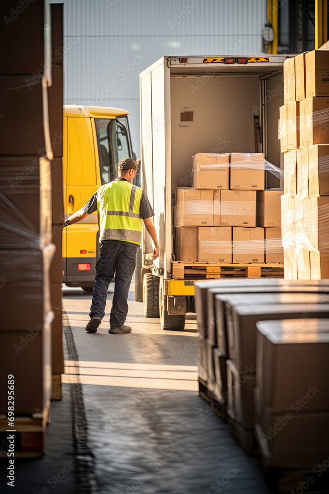 Poster workers in a bustling warehouse load and unload trucks with cardboard boxes using forklifts.