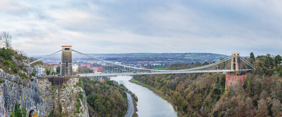 wide angle view of the landmark of Bristol, Clifton Suspension Bridge and Clifton Observatory