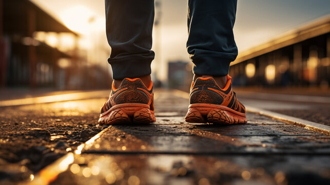 Man's Feet In Sports Shoes, In Rainy Autumn Weather. Running, Sports