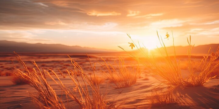 A golden landscape at sunset, featuring a vast desert and a clear horizon.