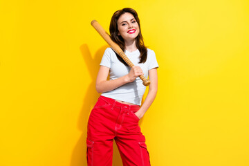 Portrait of dangerous lovely girl with retro hairdo wear white t-shirt hold baseball bat on...