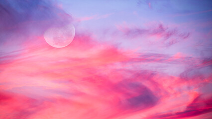Sunset Moon Full Colorful Sky Clouds Ethereal Surreal Sunrise Cloudscape Wallpaper 16.9 High Resolution