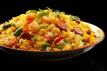 Chinese fried rice with spices and peas, herbs and sauce, vegetables in a bowl