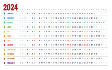 Calendar planner for 2024. Colorful wall calendar in English on a white background. Horizontal, landscape orientation