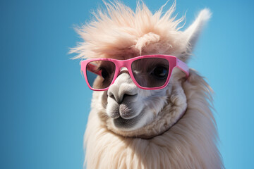 Fototapeta premium Llama wearing pink sunglasses on blue background 