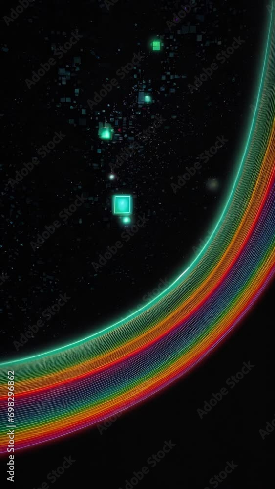 Aufkleber abstract image with bright colored lines curved in an arc shape on a black background, with images o