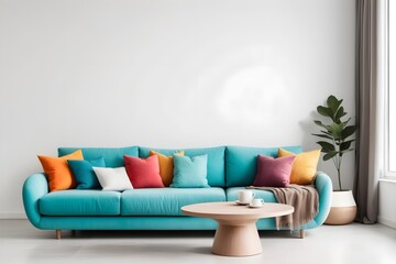 Turquoise sofa with colorful pillows by the window near a white wall with copy space and a round coffee table. Home interior design for a modern living room in minimalism.