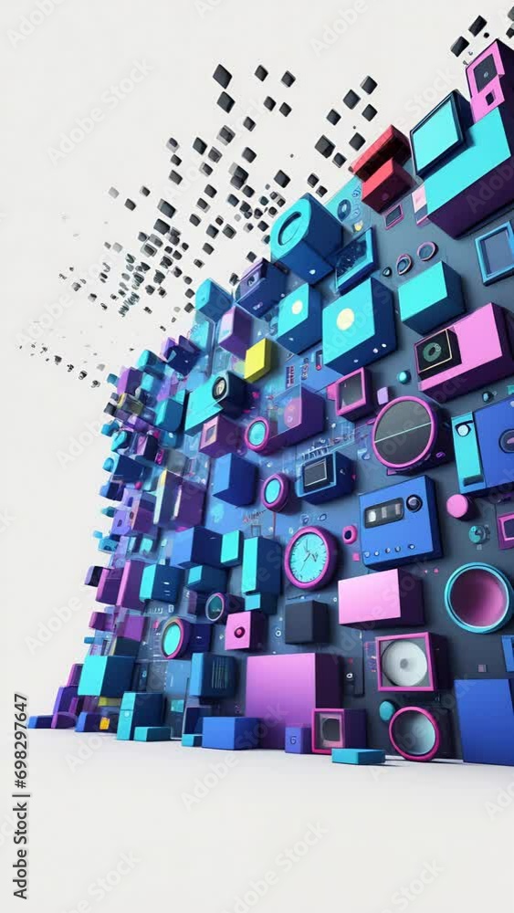 Aufkleber modern abstract 3d image with many colored cubes and various geometric shapes, creating the illusion