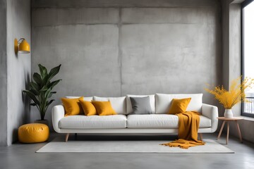 Interior design of a modern living room in loft style. White sofa with mustard yellow pillows against a concrete wall.