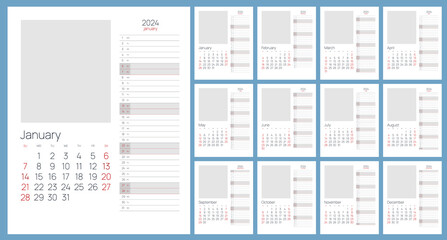 Calendar for 2024 year. Print template with place for photo. Set of 12 calendar pages. Stationery design 2024 - obrazy, fototapety, plakaty