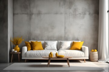 Interior design of a modern living room in loft style. White sofa with mustard yellow pillows against a concrete wall.