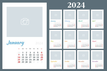 Calendar for 2024 year. Print template with place for photo. Set of 12 calendar pages. Stationery design 2024 - obrazy, fototapety, plakaty