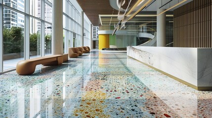 A terrazzo tile floor design incorporating recycled glass pieces in a rainbow of colors, ideal for an eco-friendly and modern building lobby.