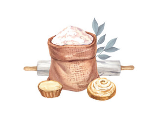 Burlap bag with wheat flour, wooden scoop and bun, tart and raisin muffin. Sack and marble rolling pin. Watercolor hand drawn illustration, isolated on white background. Food menu for a bakery