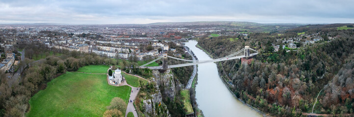 wide angle view of the landmark of Bristol, Clifton Suspension Bridge and Clifton Observatory, Overcast Evening, Winter