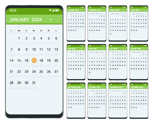 Calendar planner for 2024. Calendar for 2024 year. Smartphone with a calendar, one month plans. Design print template. Set of 12 calendar pages.