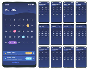 Calendar planner for 2024. Calendar for 2024 year. Smartphone with a calendar, one month plans. Design print template. Set of 12 calendar pages. - obrazy, fototapety, plakaty