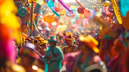 An amazingly bright and colorful parade with floats, musicians, and dancers, celebrating with joy...
