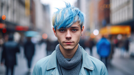 Young man with short blue hair walking in the city - obrazy, fototapety, plakaty