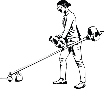 Cartoon Black and White Isolated Illustration Vector Of A Gardener Cutting Grass Weeds with A Strimmer Weed Whacker