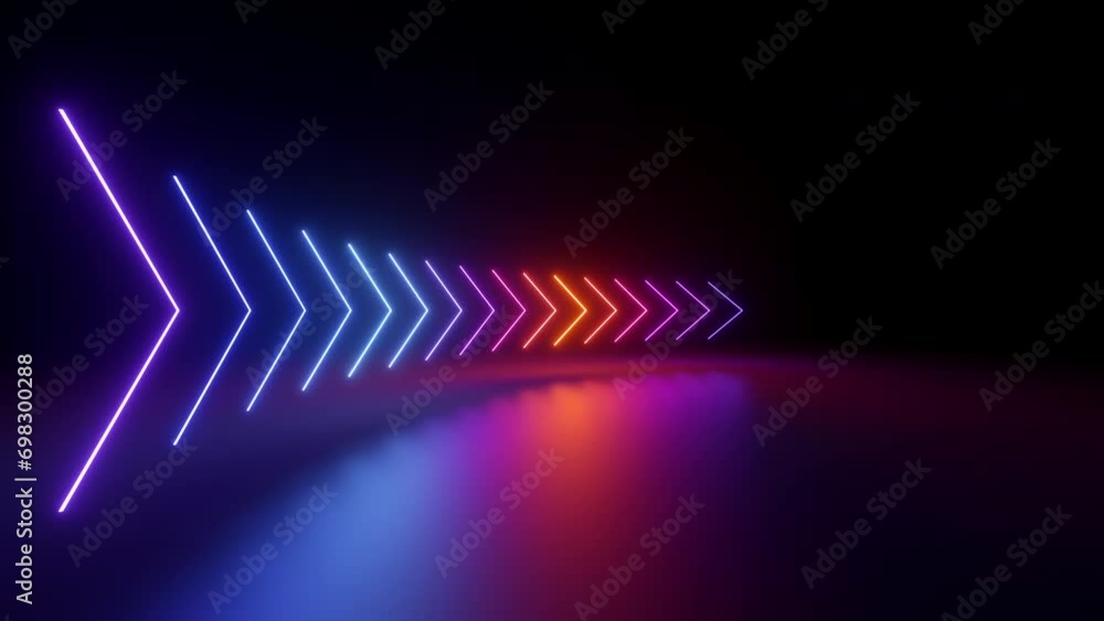 Poster cycled 3d animation, abstract background with flashing neon arrows showing right direction, blue pin