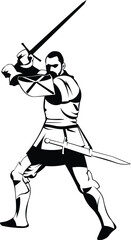 Cartoon Black and White Isolated Illustration Vector Of A Medieval Knight In Suit of Armor