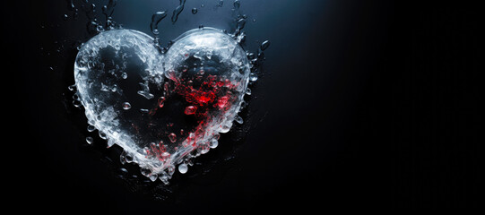 Ice in the Shape of Heart Melting on Black Background, Copy Space