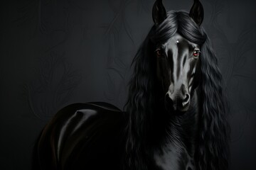 Portrait of a Friesian horse in profile with black glossy fur and long wavy mane, plain background, elegance and noble animal Concept: equestrian sports and artiodactyl exhibitions