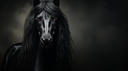 Obraz na płótnie Canvas Portrait of a Friesian horse in profile with black glossy fur and long wavy mane, plain background, elegance and noble animal Concept: equestrian sports and artiodactyl exhibitions