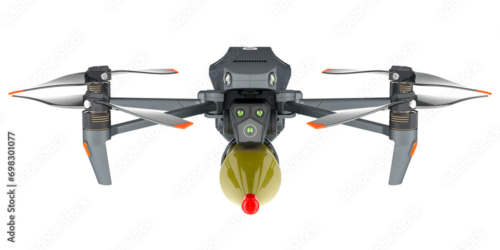 Poster racing drone with bomb. fpv configured to deliver anti-armor shaped charges. 3d rendering isolated o