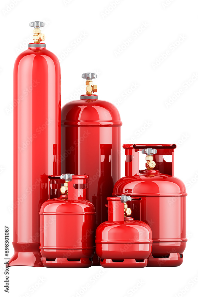 Poster set of propane cylinders with compressed gas, 3d rendering isolated on transparent background