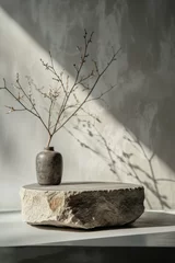 Rolgordijnen Empty stone podium pedestal for product display with vase of flowers on rough stone wall background. Generative AI © photoguns