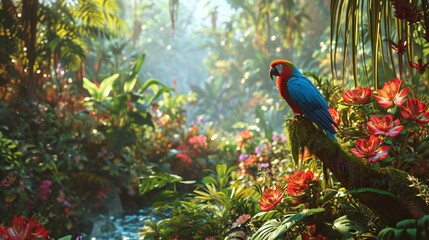 An exotic bird paradise with amazingly bright plumage, tropical flowers, and lush vegetation, creating a vivid and lively artwork that celebrates nature's beauty.