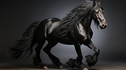 Obraz na płótnie Canvas Portrait of a Friesian horse in profile with black glossy fur and long wavy mane, plain background, elegance and noble animal Concept: equestrian sports and artiodactyl exhibitions