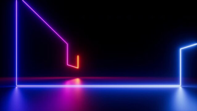 4K cycled 3d animation, abstract geometric background of glowing neon zigzag line, fluorescent ultraviolet light beam, pink blue laser ray looped animation, seamless motion design
