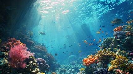 Naklejka na ściany i meble An underwater seascape with colorful coral reefs, diverse marine life, and soft light filtering through the water, for a serene aquatic background.