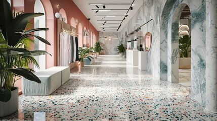 Terrazzo tiles with a unique blend of marble chips in pastel colors, creating a soft and inviting...