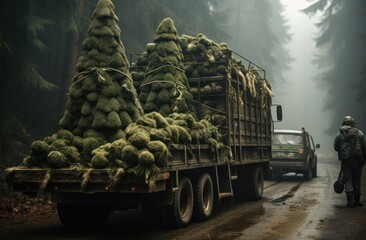 A sturdy truck adorned with trees travels down a winding road, its wheels firmly planted on the...