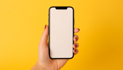 Fototapeta na wymiar hand holding mobile phone on bright solid yellow background with copy space