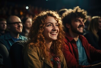Fototapeta premium A diverse crowd of people, each with their own unique human face and stylish clothing, sit in a row with smiles on their faces, united by their love for music as they listen to the indoor performance