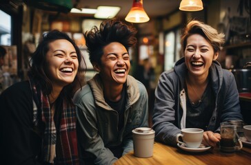 A diverse group of friends share laughter and coffee around a table, their faces filled with genuine joy and their clothing reflecting their unique personalities, while the warm lighting and cozy atm