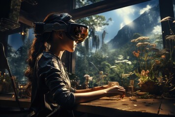 Woman in a botanical garden with VR glasses
