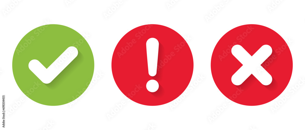 Poster checkmark, exclamation mark and x cross icon with shadow. check, warning, and x symbol vector in fla