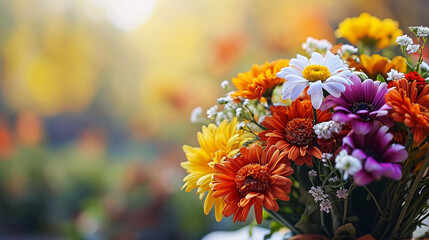 bouquet of colorful bright flowers, horizontal floral background with negative space for text