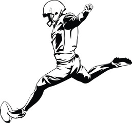 Cartoon Black and White Isolated Illustration Vector Of An American Football Player Kicking the Ball